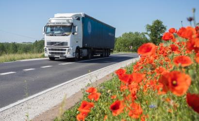 Ciężarówka na drodze obok maków