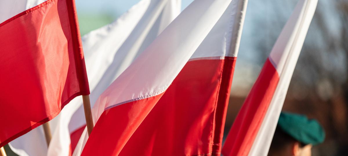 Polskie flagi i  żołnierze armii polskiej 