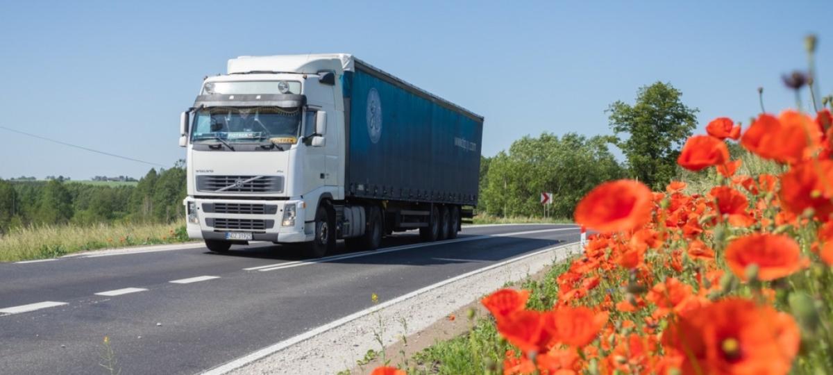 Ciężarówka na drodze obok maków